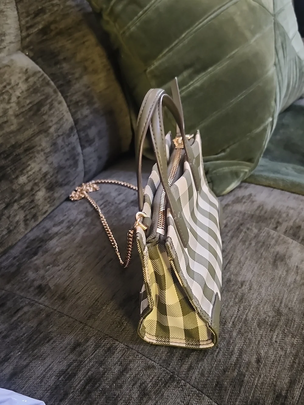 Tory Burch Ella Micro Tote in Olive Green & White Gingham